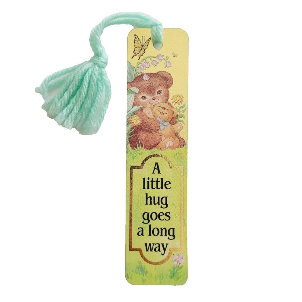 Vintage 80s Teddy Bear Hug Bookmark, gold butterfly, 1986 Antioch Sunshine H-923